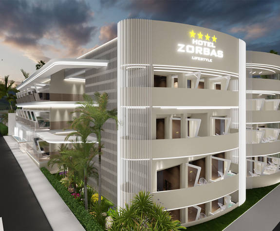 Zorbas Lifestyle Hotel hotel exterior and roads with trees and vegetation on the side