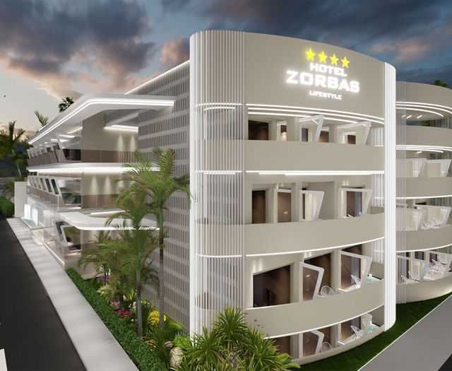 Zorbas Lifestyle Hotel hotel exterior and roads with trees and vegetation on the side